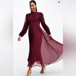 Asos Lace sheer pleated maxi dress in oxblood